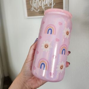 Rainbows hearts daisy flowers Pink Shimmer Glass Cup 16oz